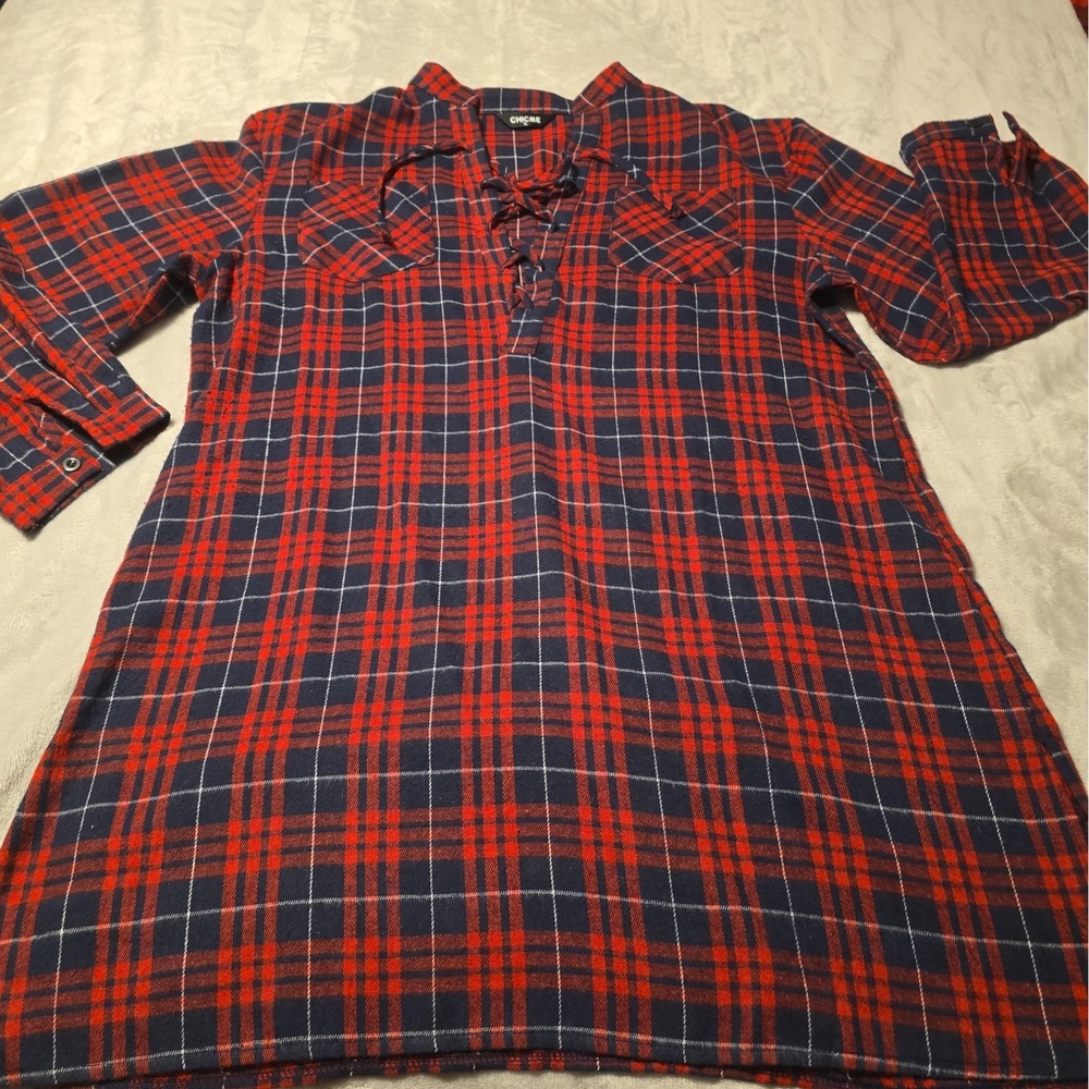 Flannel Women's XL Plaid Tunic Shirt Dress Red Navy Blue Preppy Fall Cozy